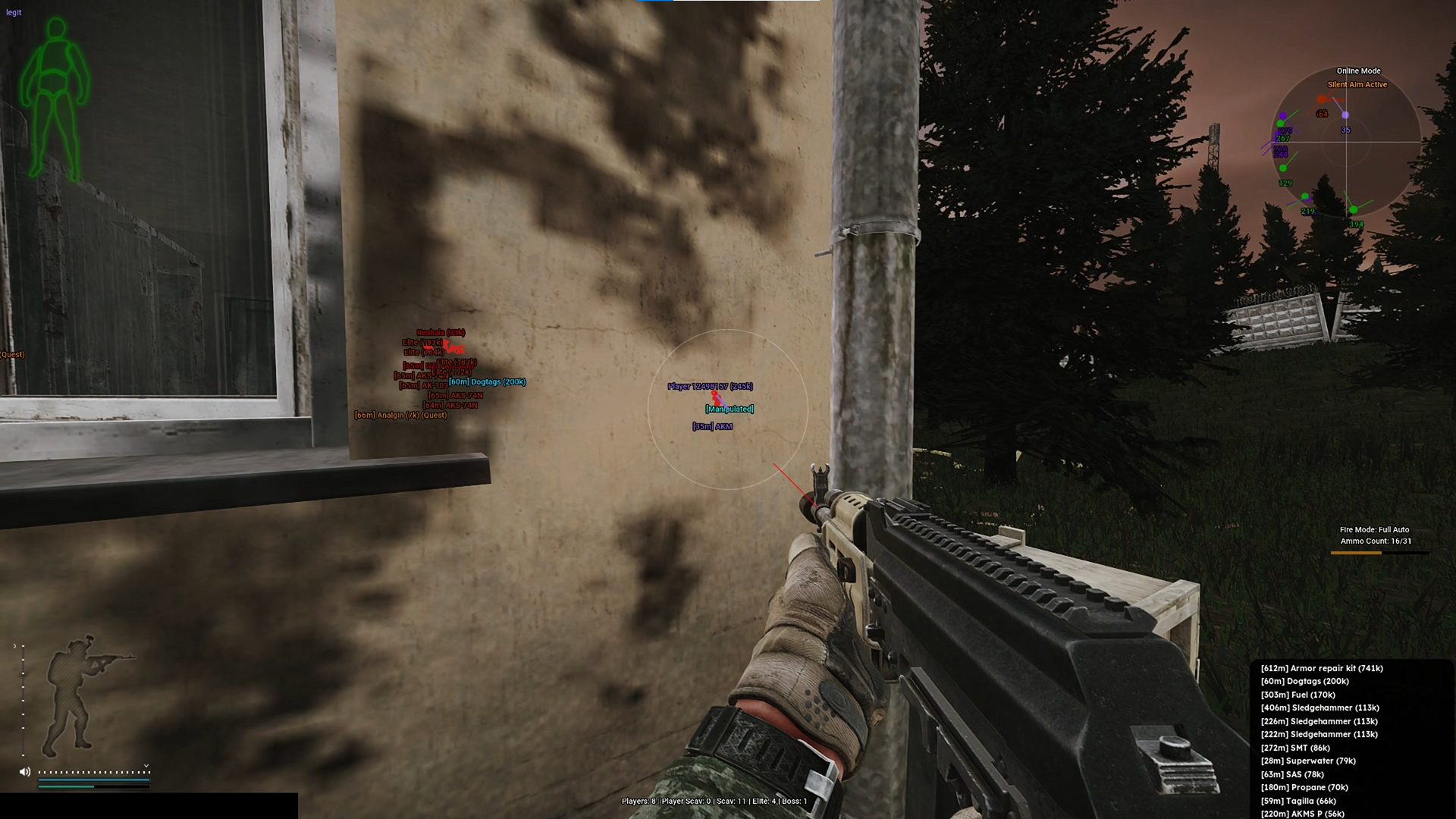 Escape from Tarkov ESP overlay showing players, Scavs, and loot through walls
