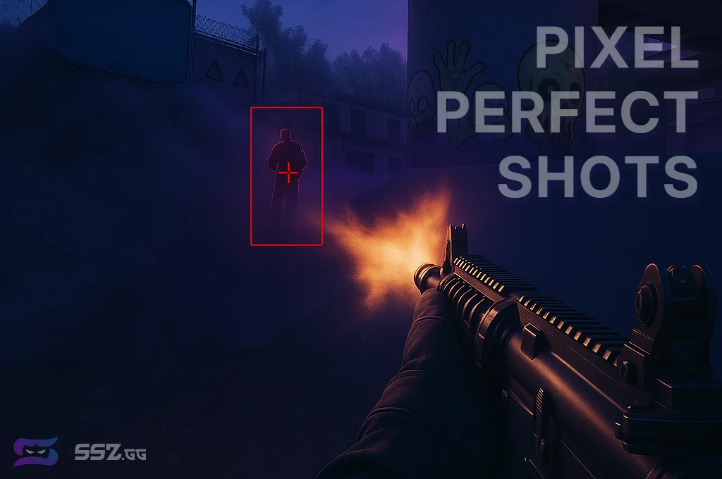 First-person view in Counter-Strike 2 showing an aimbot feature with a red target box highlighting an enemy player