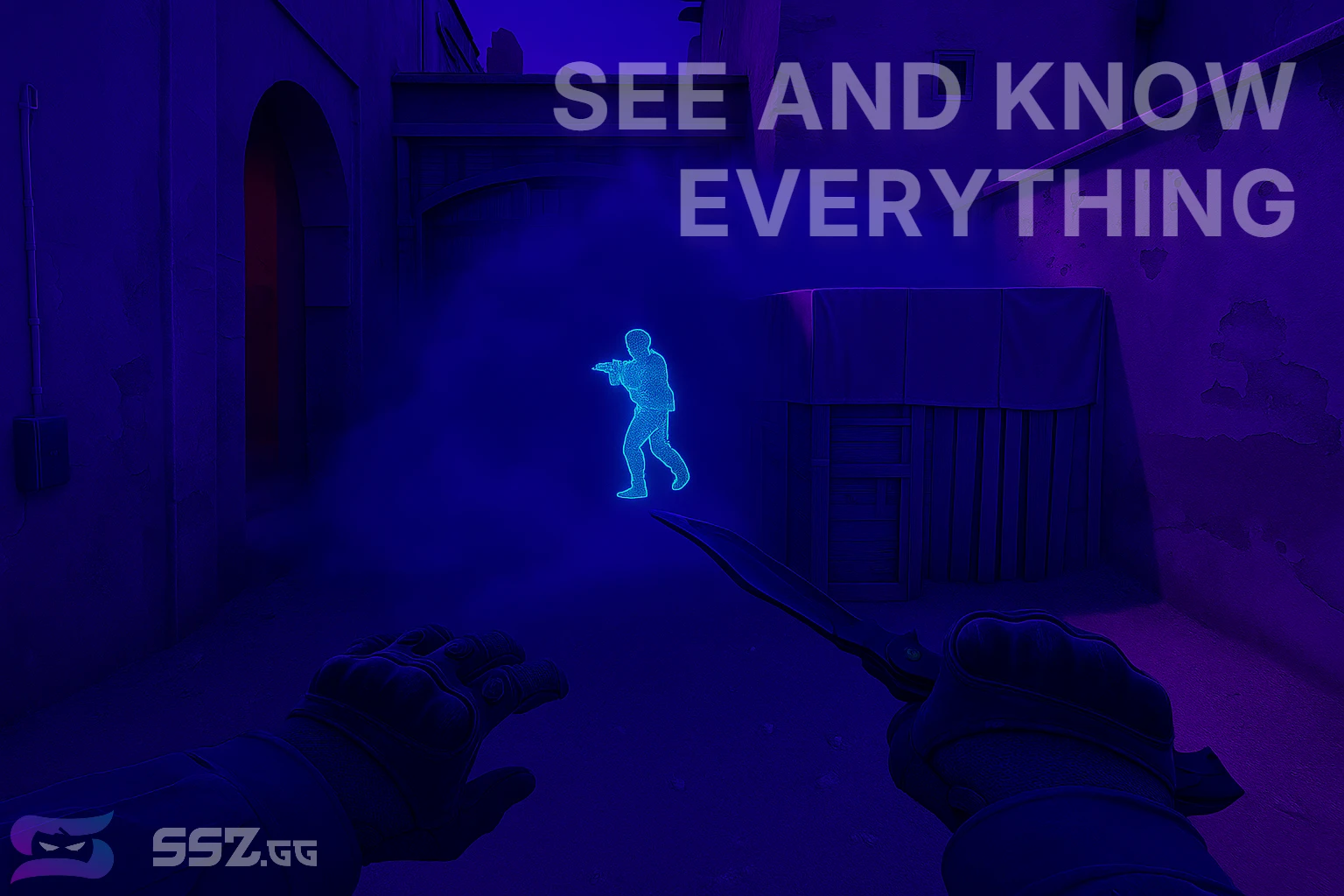 Counter-Strike 2 ESP wallhack view showing a glowing blue enemy outline visible through walls in a dark indoor environment