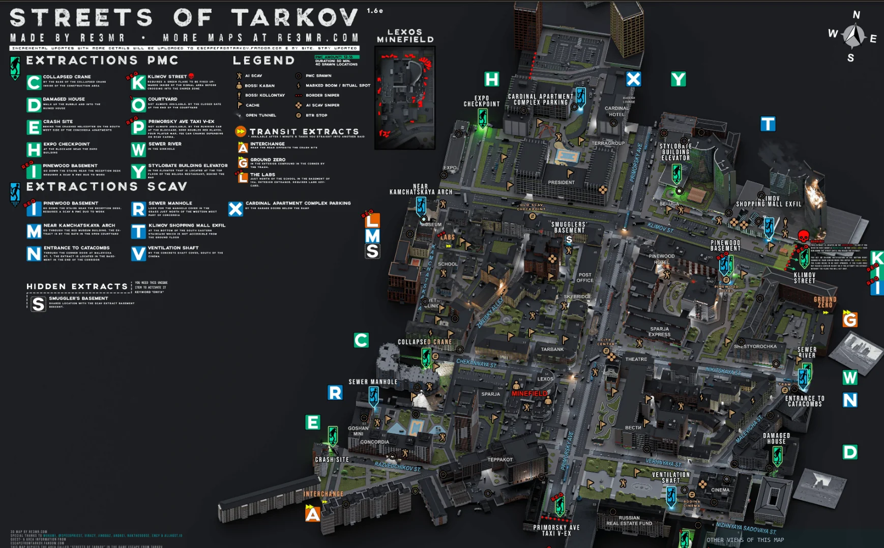 Streets of Tarkov map showing all PMC and Scav extracts, loot zones, and key landmarks
